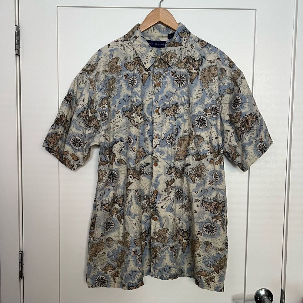World Island Shirt Mens XL Blue Hawaiian Aloha Chart of Oceanus Design Cotton